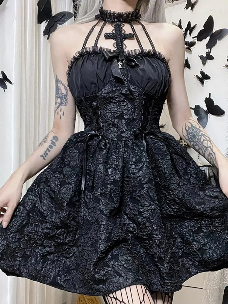 Casual Dresses Goth Mall Gothic Emo Jacquard A-line Elegant Grunge Ruched Bandage Partywear Punk Black Women Halloween Club Dress