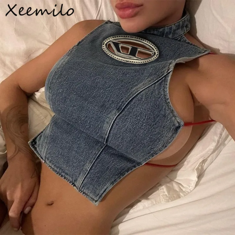 Women Tanki Camis Xeemilo Y2K Women Blue Denim Slim Tank Sexy Halfhhigh Collar Backless Tops Summer Streetwear Nieregularne gorsety 230713