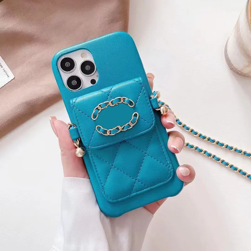 iPhone 14 Étui de concepteur de boîtier Chaînes Kette Crossbody Wallets Pockets Carte Poches pour Apple 13 12 11 Pro Max XR XS 8 7 Plus Luxury Diamond Velvet Dining Covers Bleu