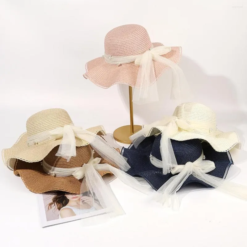 Wide Brim Hats Summer Women Weaving Pearl Mesh Yarn Straw Hat Lace Big-brimmed Women's Casual Simple Sun