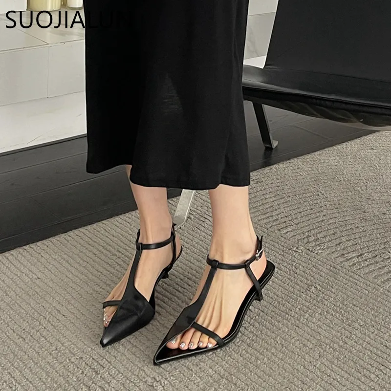 Sandals SUOJIALUN Summer Brand Women Sandal Fashion Pointed Toe Hollow Out Ladies Elegant Sandal Thin Low Heel Dress Pumps 230714