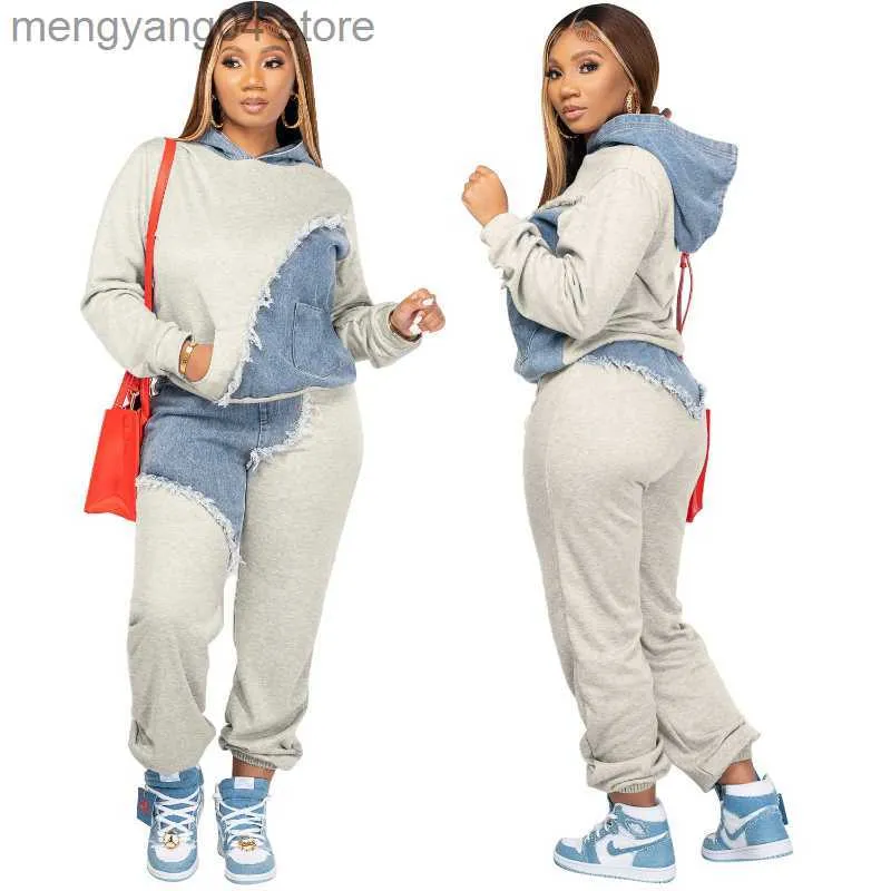 Dwuczęściowe spodnie dżinsowe dżinsy Patchwork Dwuczęściowy zestaw Kobiet Kobiety z kapturem z długim rękawem Top Pants Pants Fashion Jogging Suits Casual Tracksuit T230714