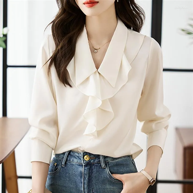 Women's Blouses 2023 Shirts Blouse For Women Long Sleeve Korean Fashion Silk White Shirt OL Woman Solid Pullover Ladies Tops