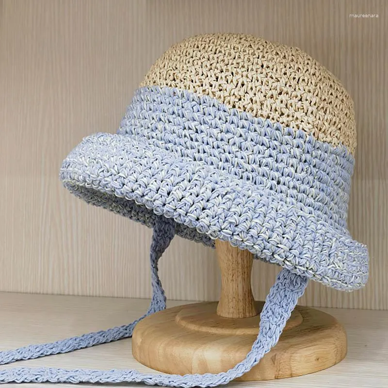 Wide Brim Hats Women Summer Hat Patchwork Straw Up Turn Sun Clochet Bucket With Lace Two Tones Dome Outdoor Beach