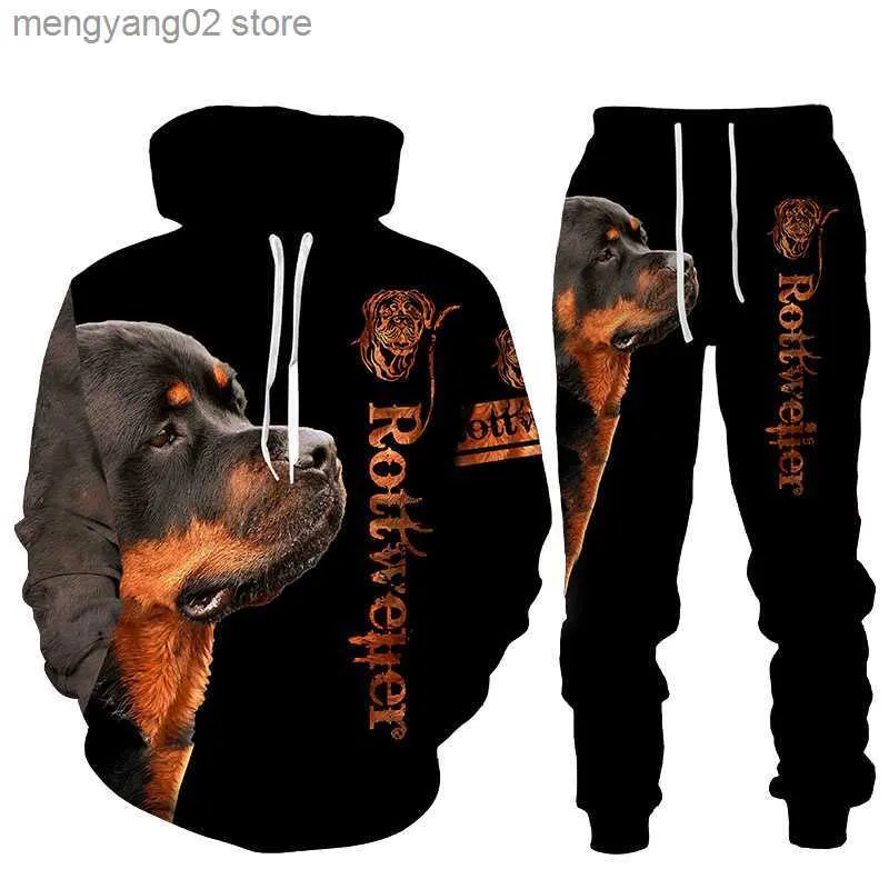 Herrspårar Rottweiler Dog 3D Tryckt hoodie kostym manlig Autumn Winter Casual Sweashirts Sweatpants Men Tracksuit Set Fashion Menkläder T230715