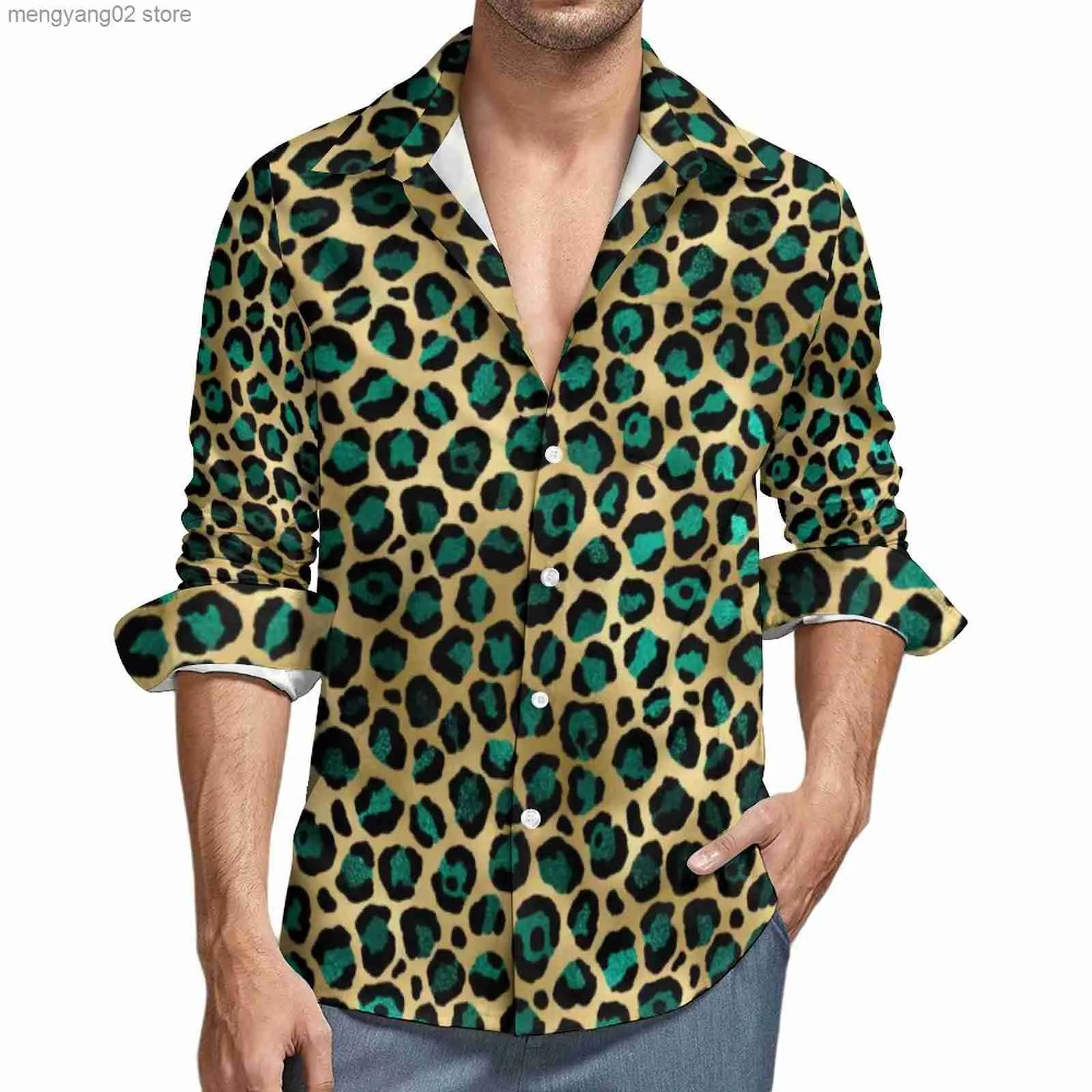 Chemises décontractées pour hommes Sarcelle et or Léopard Chemise décontractée Homme Taches Imprimer Chemise Automne Street Style Blouses À Manches Longues Imprimer Oversize Vêtements T230714