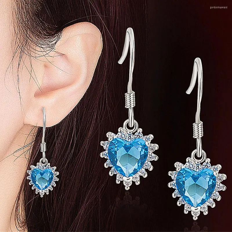 Dangle Earrings Blue Crystal Aquamarine Topaz Gemstones Zircon Diamond Drop For Women Heart Of Ocean White Silver Color Jewelry Brincos