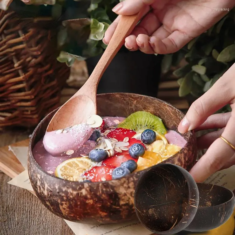 Миски натуральная кокосовая чаша ложки набора фруктовых салат салат с лапшой рис