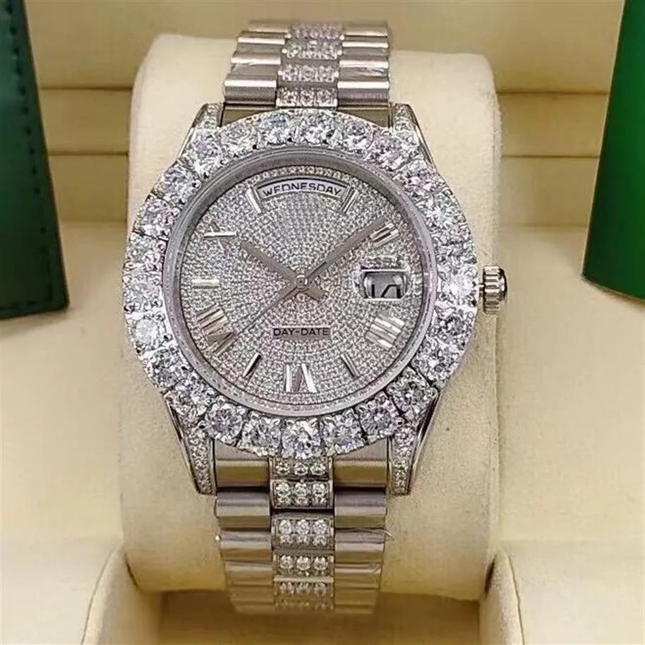 Luxury Men's Watch tredimensionell romersk bokstavlig urtavla Silver Middle Row med Diamond rostfritt stål Automatisk datum3156