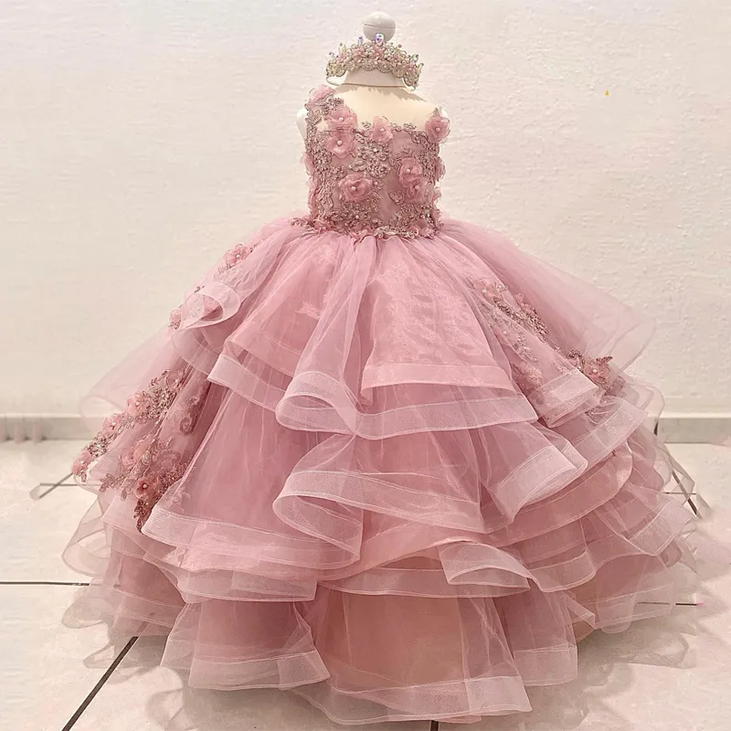 Pink O-Neck Flower Girls Dress SleevelessPrincess Ball Gown Applique Crystals Beads 3DFlower Tull vestidos para ninas