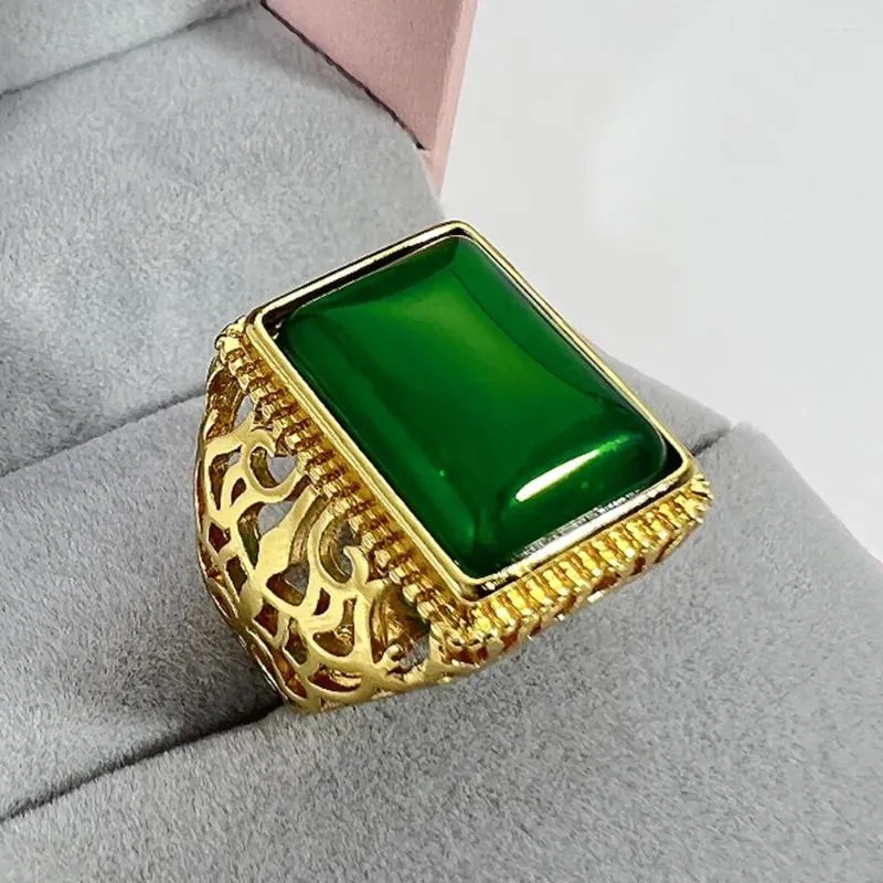 Anéis Cluster Vintage Quadrado Verde Jade Ágata Esmeralda Pedras Preciosas Diamantes Bague Para Homens Joias Cheias De Ouro 18k Bandas Acessórios Legais