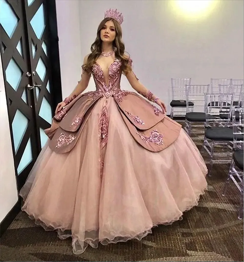 Dusty Pink Princess Quinceanera Dresses With Illusion Long Sleeves Rose Gold Sequin Appliques Puffy Sweet 16 Pageant Dress Tiered Formal Evening Prom Gowns