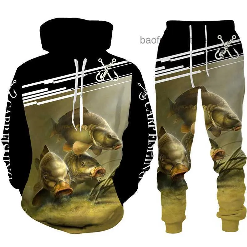 Mens Tracksuits Novelty 3D Fish Print Mens Hoodie And Trousers