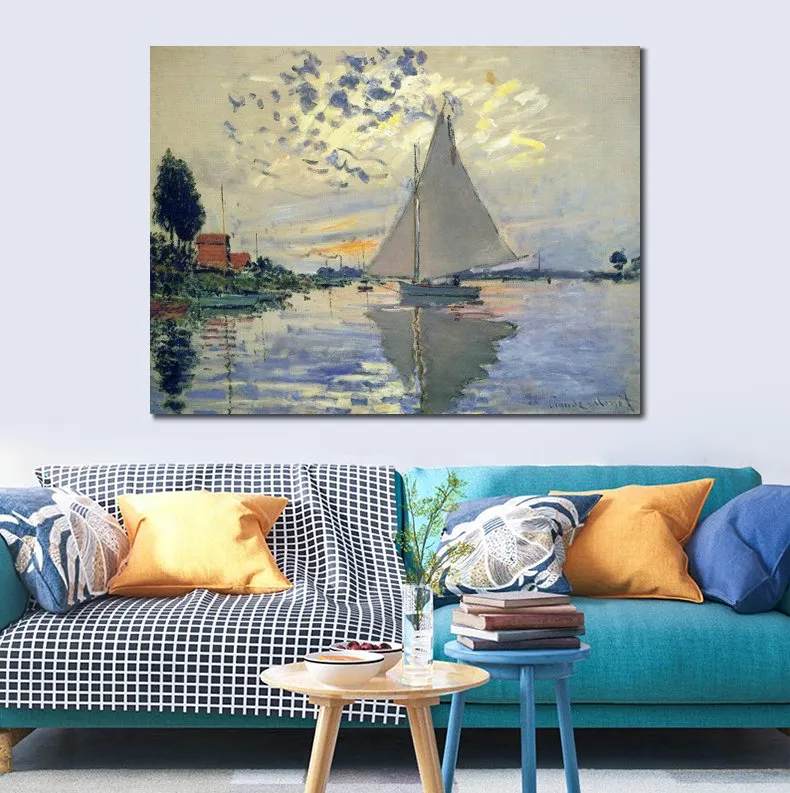 Berömda målningar av Claude Monet Sailboat på Le Petit-genennevilliers Impressionist Landscape Hand Painted Oil Artwork Home Decor