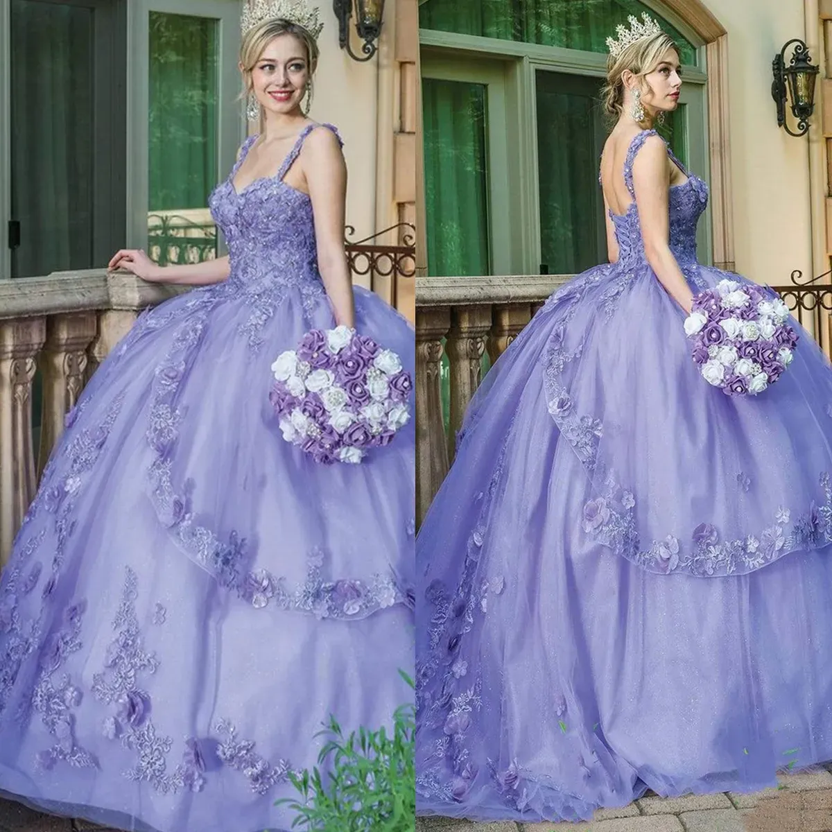 Lavender Quinceanera Sukienki koronkowe paski aplikacyjne ręcznie robione kwiaty warstwowe stłumione tiulowy tiul niestandardowy słodka księżniczka