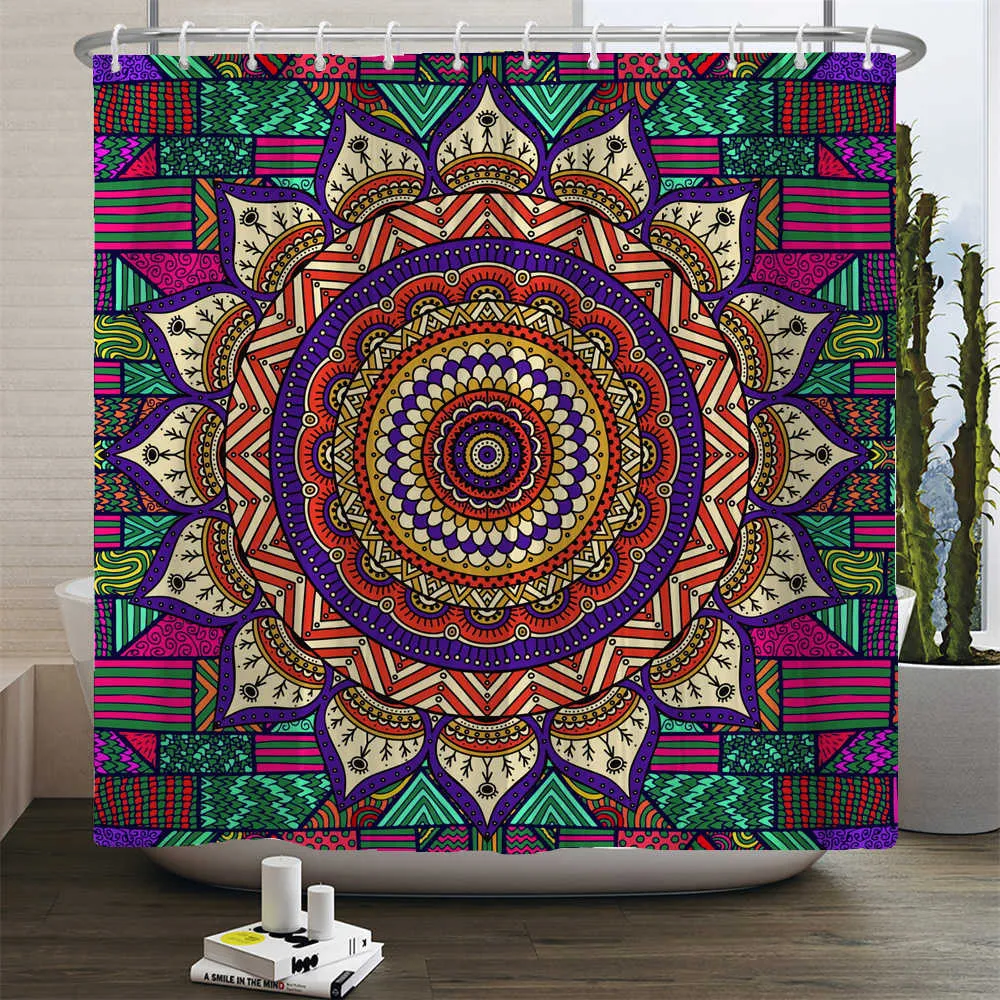 Duschvorhänge im böhmischen Stil, Duschvorhänge, Mandala-Boho-Blumen- und Pflanzen-Druck, Badezimmervorhänge, wasserdichter Badvorhang aus Polyester