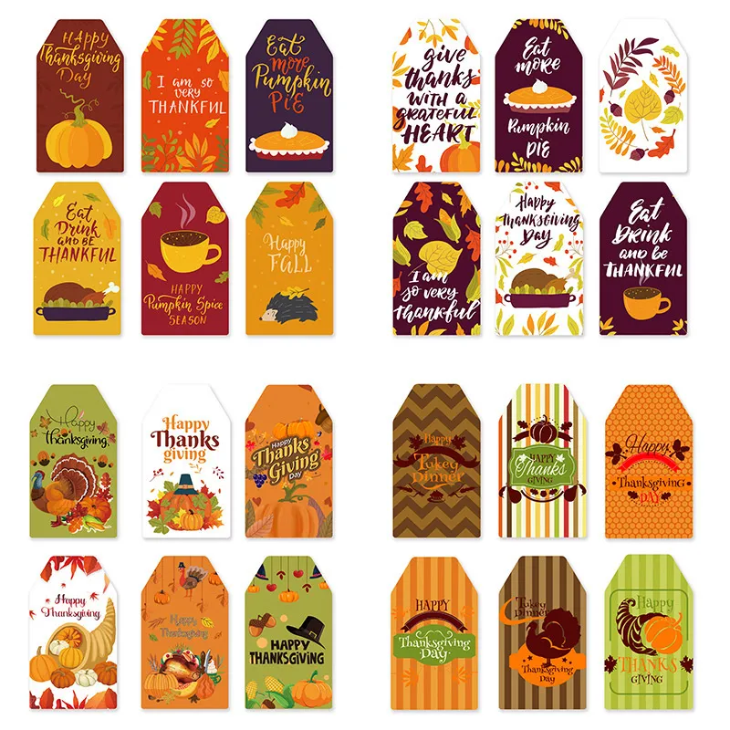 Etiquetas de feliz Ação de Graças com barbante 60 pçs/conjunto folha de bordo abóbora impressa etiqueta de embrulho de outono decoração de bolsa lembrancinhas