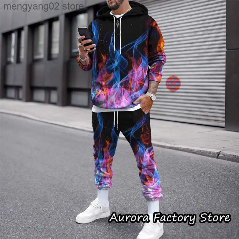 Men s Tracksuits Colorful Flame Pattern Hoodie Set Spring Autumn Men s Long Sleeve Tracksuit Male Fashion Hooded Clothing Casual Coat With Hat T230714