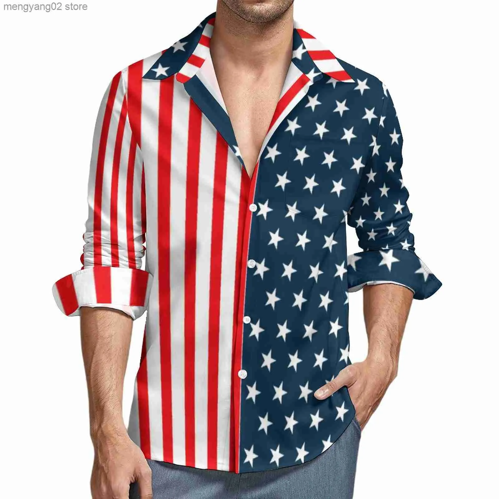 Men's Casual Shirts American USA Flag Print Y2K Casual Shirt Mens Stars And Stripes Shirt Autumn Fashion Blouses Long Sleeve Graphic Oversized Tops T230714