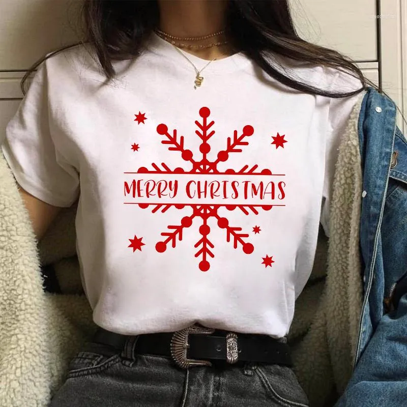 Damen-T-Shirts, weiblich, Kawaii, lockeres Top, hochwertiges modales weißes Damen-Kurzarm-Damen-T-Shirt mit Weihnachtsschneeflocken-Grafikdruck