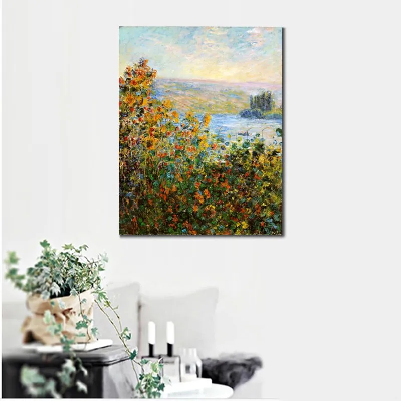 Dipinti ad olio dipinti a mano su tela di aiuole di Claude Monet a Vetheuil Garden Landscape Artwork per l'arredamento del ristorante