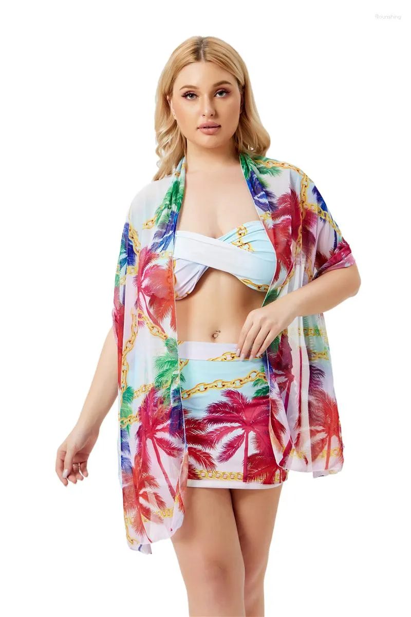 Kvinnors badkläder 4st Set Sexig Bikini Swim Dress Beach Cover Up Women High midje Tankini Kvinnlig baddräkt Bather stor storlek