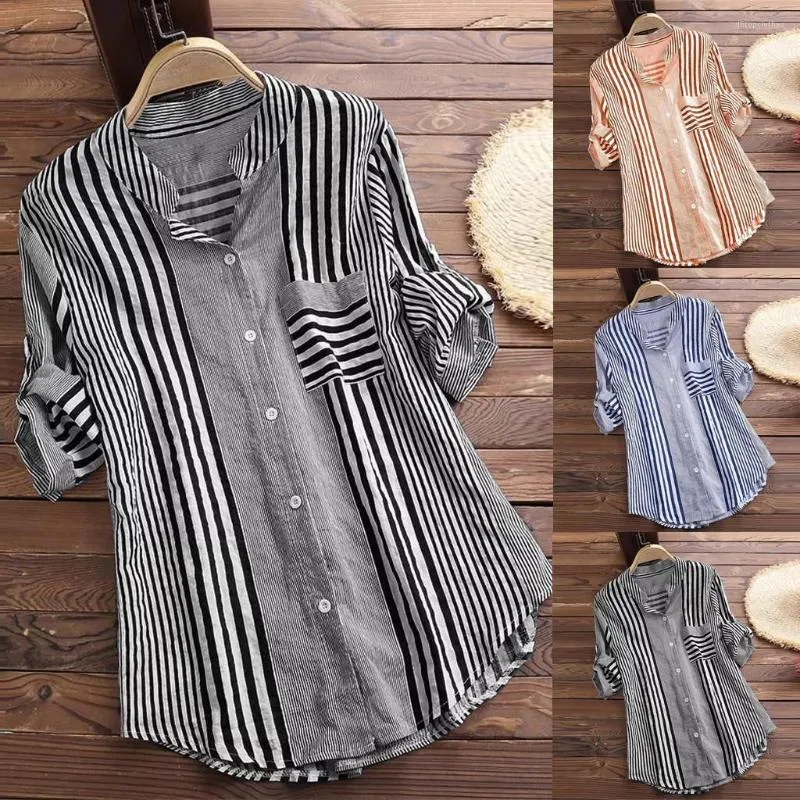 Women's Blouses Spring Fall Cotton Linen Long Sleeves Roll Up Striped Casual V Neck Button Down Shirts Collar Tunic Tops