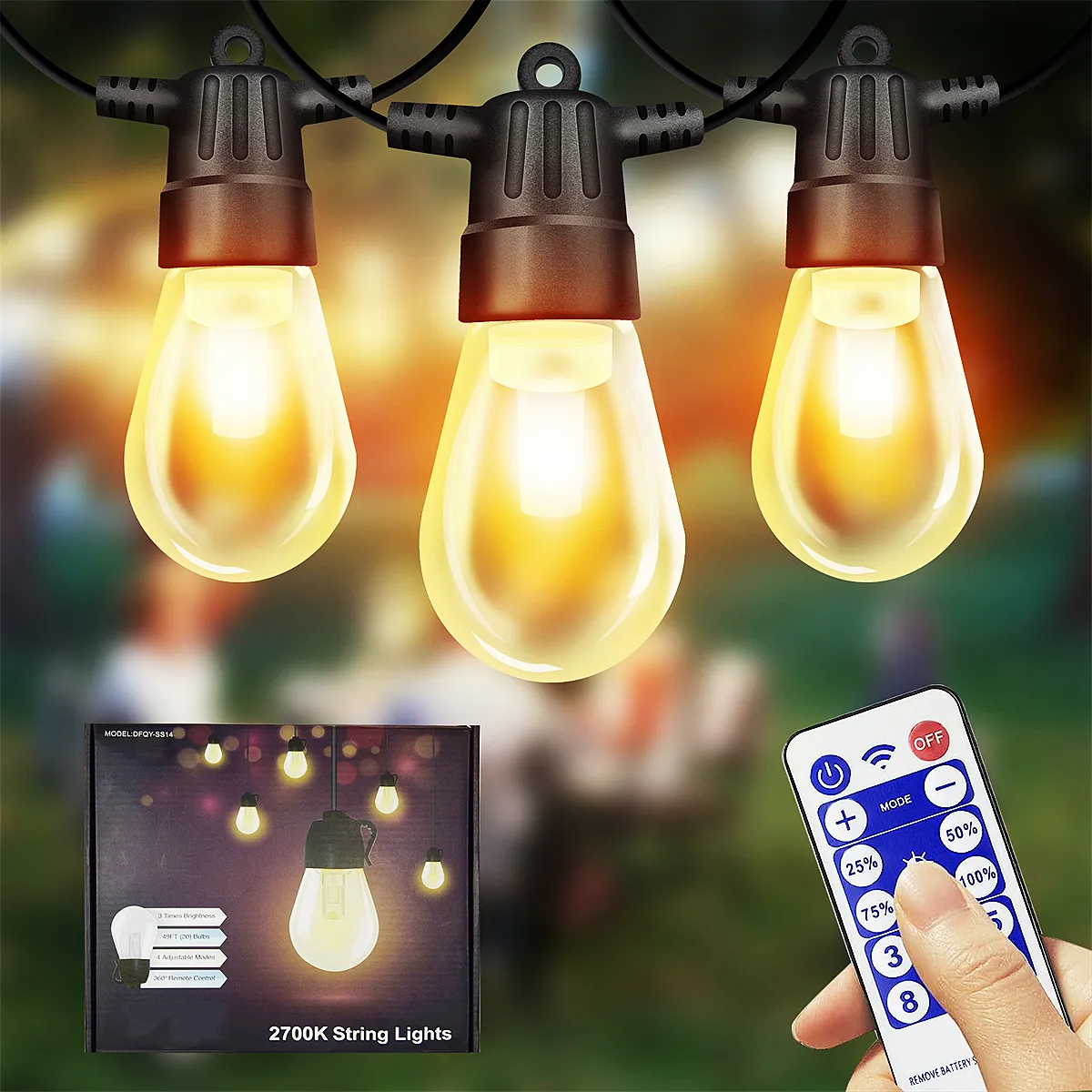 Guirlande lumineuse LED avec télécommande, guirlande lumineuse d'extérieur avec 20 ampoules S14 étanches et incassables à intensité variable, blanc chaud 2700 K, plafonniers à suspendre