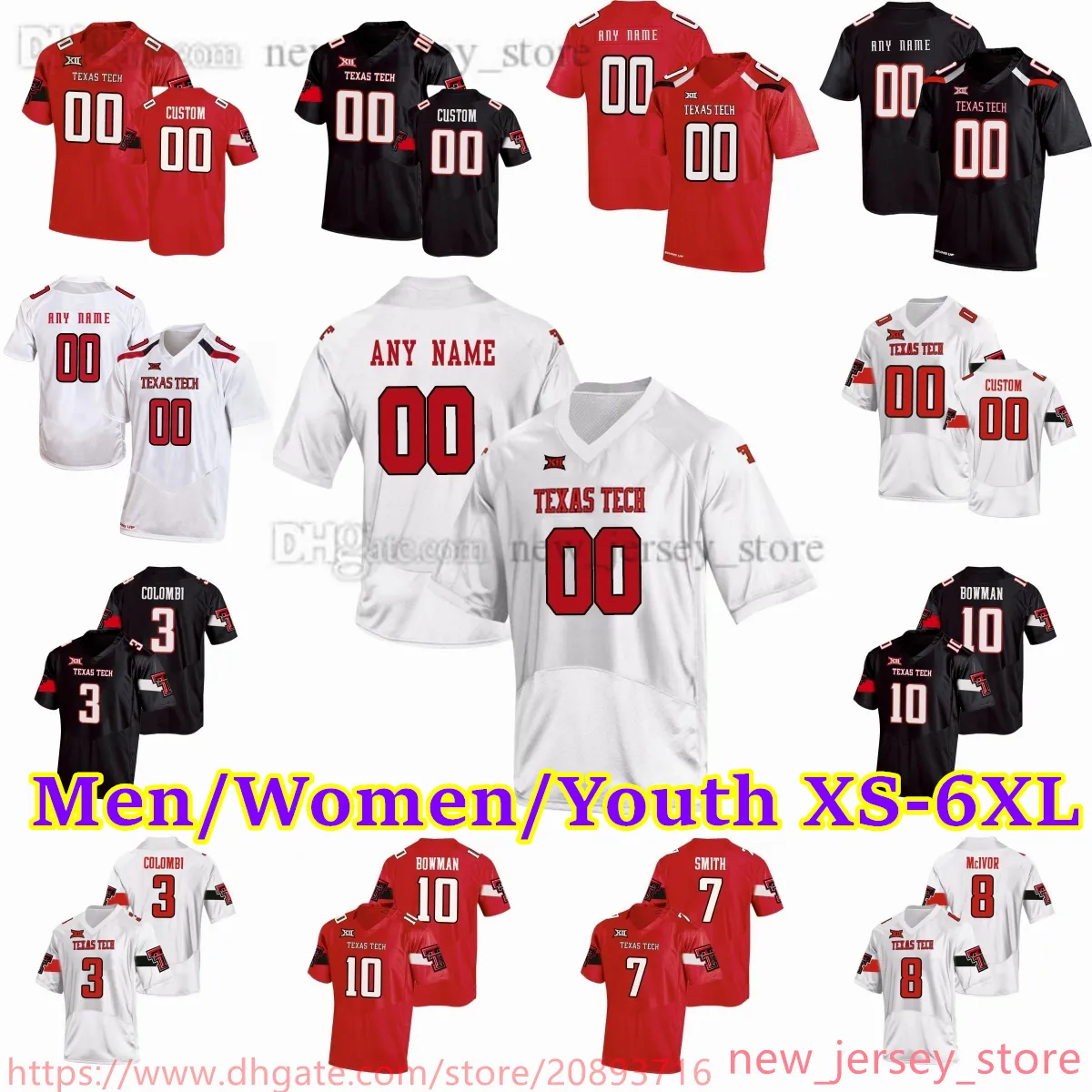 2023 Custom S-6XL NCAA Texas Tech TTU Maillot de football Morton Wilson Shough Schooler Deaton Ezukanma Collins Mahomes II Mcivor Colombi Smith