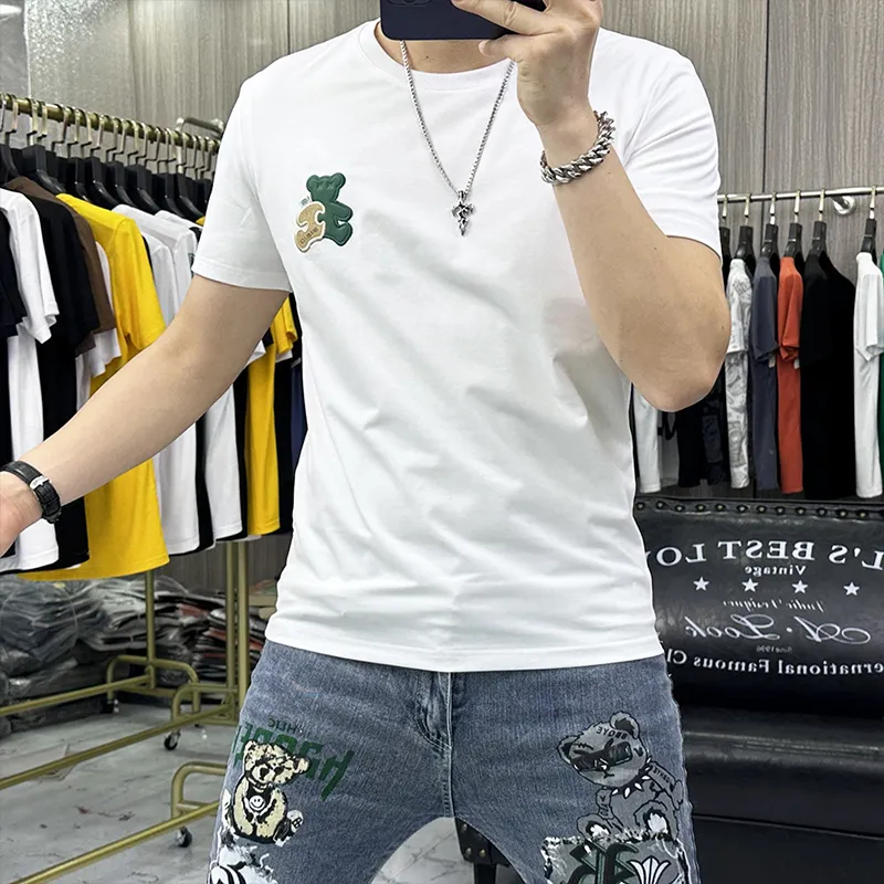 Модная бренда мужская футболка вышивка медведя дизайн Mercerized Cotton Male Tops Summer New Fashion Homme Caseal Man Clothing Tees