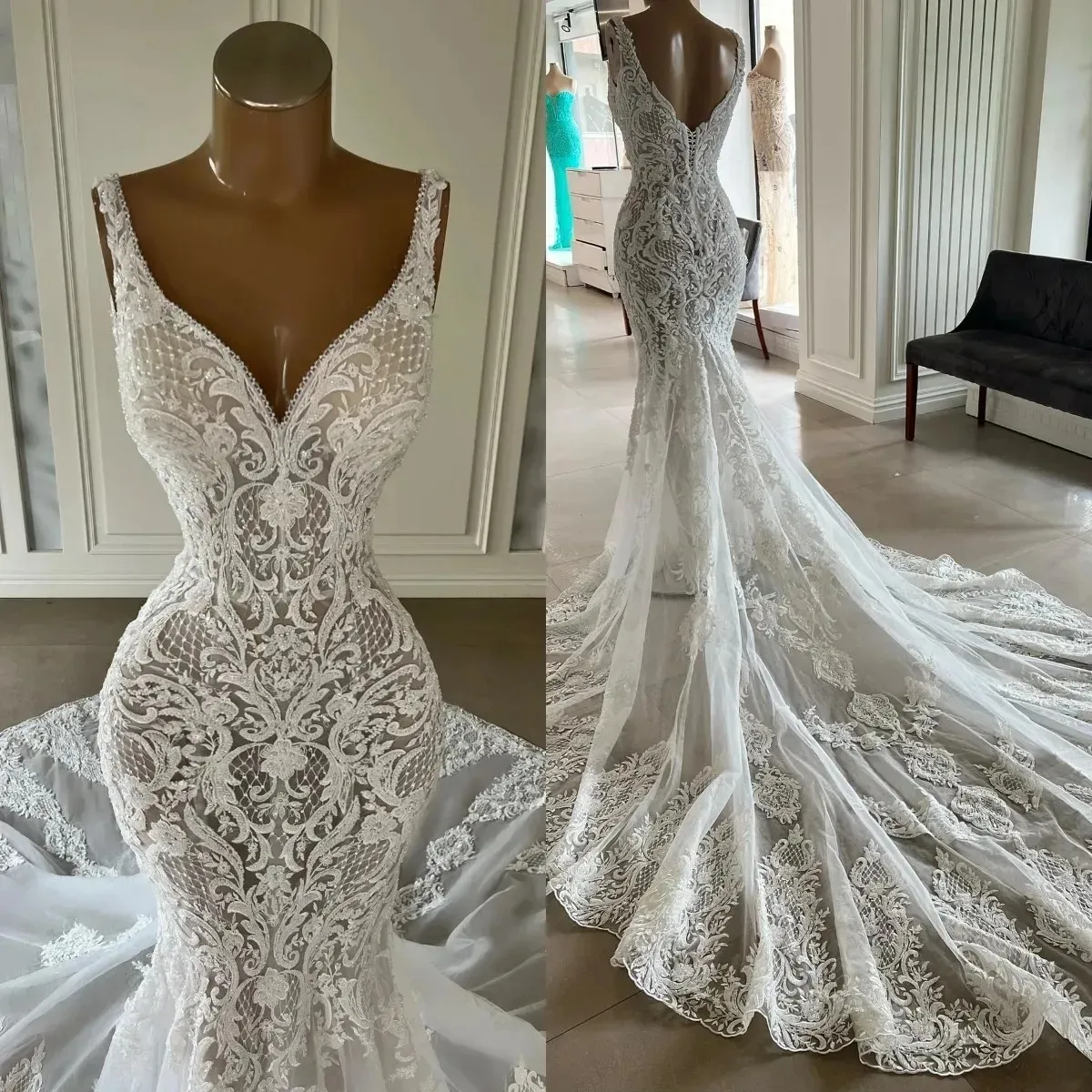 Abiti da sposa eleganti a sirena intera con scollo a V in pizzo applicato Boho Country abiti da festa da sposa Abiti da sposa Estidos Estidos Estidos estidos