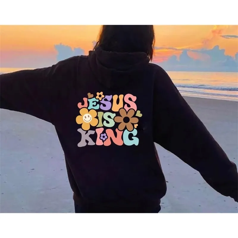 Kvinnors hoodies tröjor färgglad Jesus är king back tryck kvinnor hoody sweatshirt kristen trendig estetik tumblr pocket hoodie mode casual jumper 230713