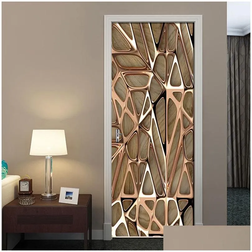 Nyhetsobjekt 2st/set Rose Gold Geometric Mönster 3D Wall Door Sticker Självhäftande vattentäta tapeter Dekaler Heminredning Drop de Dhuj6