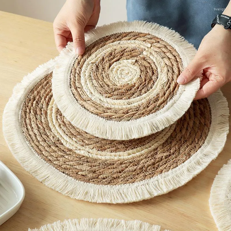 Placemats 25cm Ronde Natuurlijke Rieten Katoen Geweven Kwasten Placemat Plaat Water Stro Gevlochten Placemats Rotan Weave Diner Diner Mat