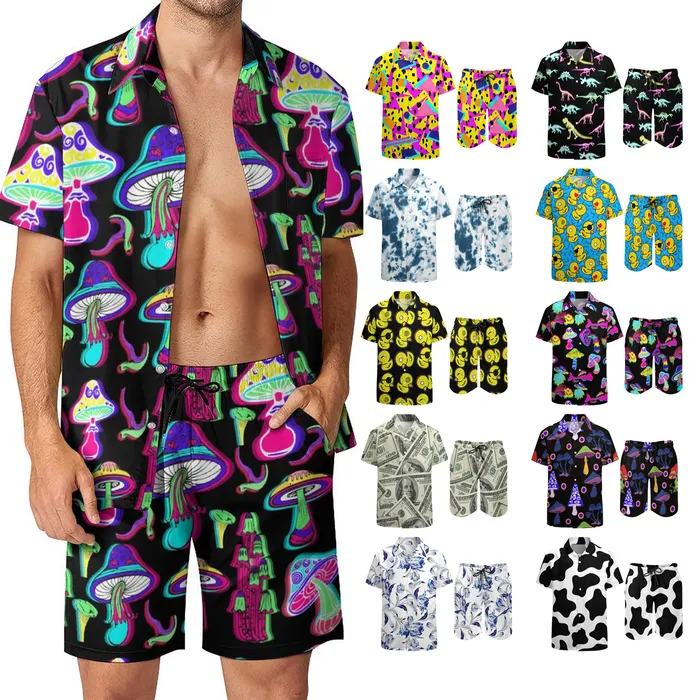 Agasalho masculino psicodélico Magic Mushroom 2 peças agasalho camisa havaiana shorts botões e conjuntos 230714