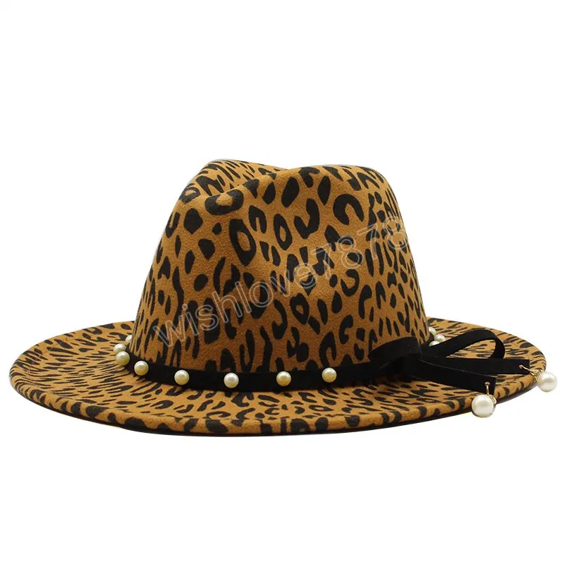 Herren Jazz Fedora Hüte Gentleman Baumwolle Winter Frauen Leopard print perle Breite Krempe Top Hut Chapeau Femme