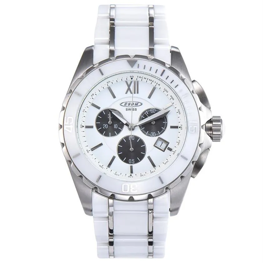 New Men Quartz Watch White Ceramic Two-tone Stainless Steel Back Dial Silver Hands chronograph2442291H