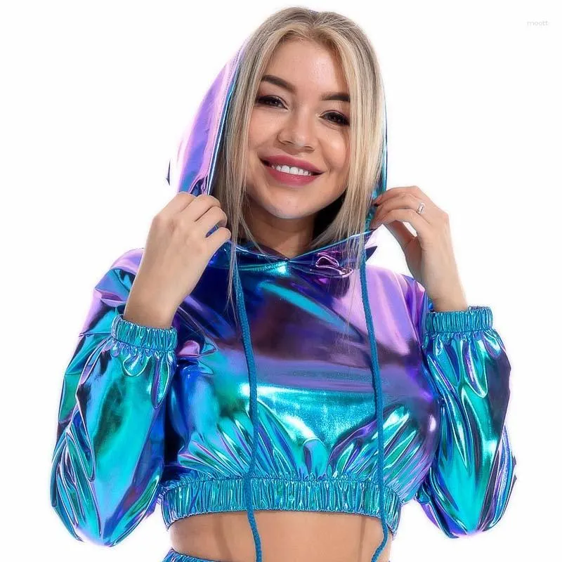Economize muito em Hoodies Sexy Das Mulheres Moletons Femininos Sexy  Cropped Holográfico Feminino Brilhante PU Metálico Com Capuz Manga Longa  Moletom