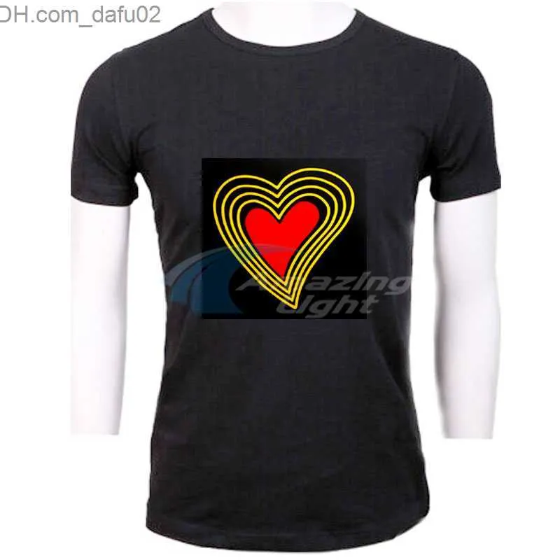 Mäns T-shirts herr t-shirt 100% bomull kärlek hjärtform ljus upp led t-shirt ljud aktiverad blinkande el panel t-shirt z230714