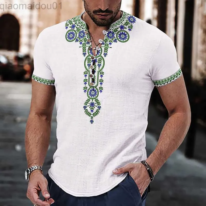 Men's T-Shirts Leisure Short Sleeve V Neck Buttoned T-shirts Men Spring Summer Fashion Patchwork Pattern Print Tops Mens Clothes Casual Shirts L230713