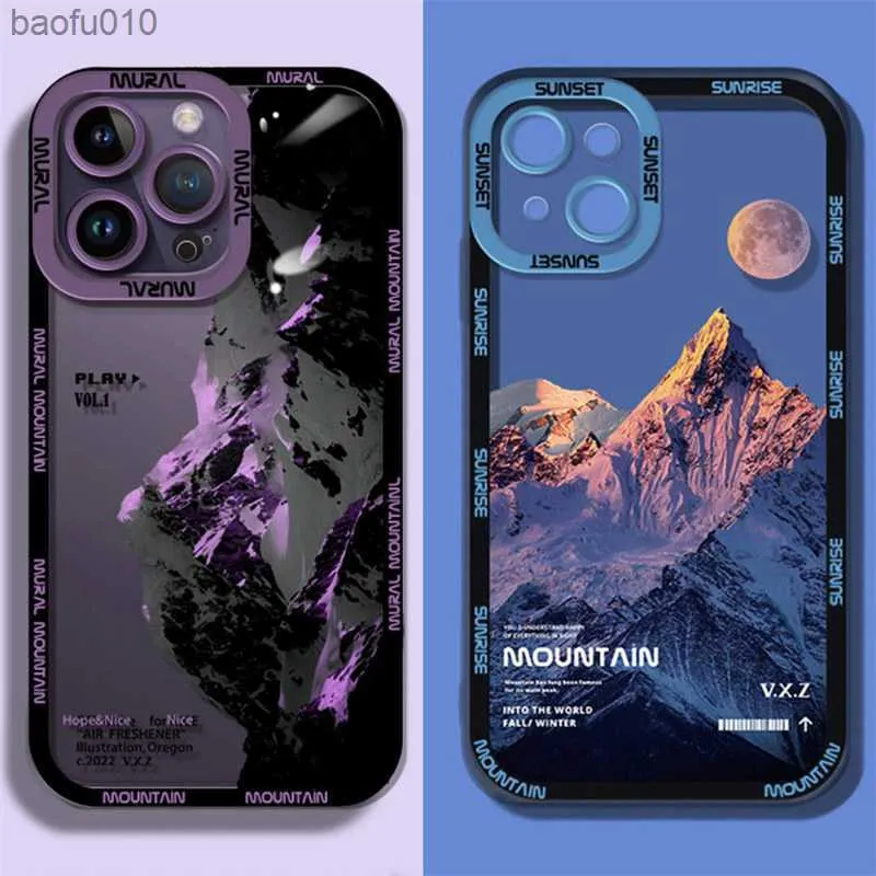 INS lila blau Sonnenuntergang Schnee Berg Handytasche für iPhone 14 13 12 11 Pro Max XR X XS natürliche Landschaft stoßfeste Stoßstange Abdeckung L230619