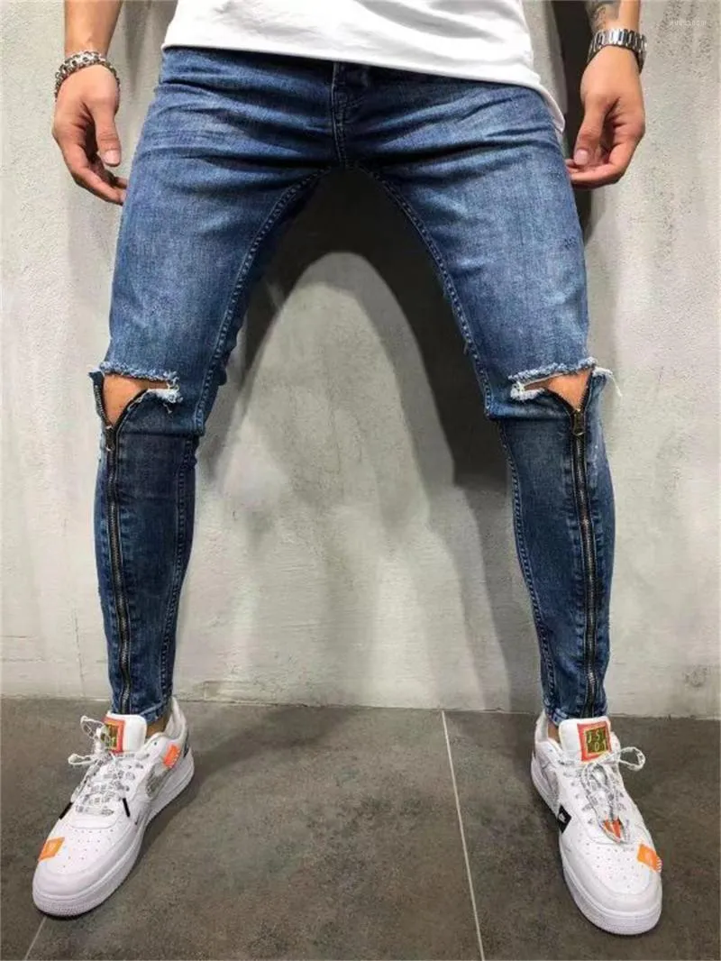 Männer Jeans Männer Zerrissene Hosen Biker Skinny Slim Gerade Ausgefranste Denim Hosen 2023 Mode Hose Bein Lange Zipper Streetwear