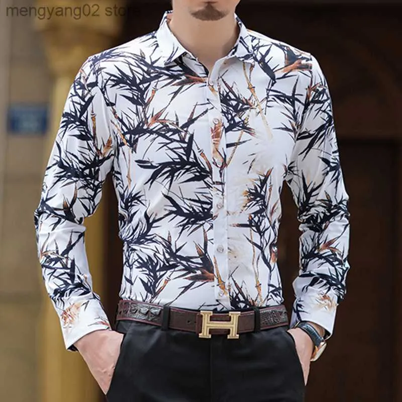 Мужские повседневные рубашки модная бамбуковая рубашка для печати мужчина 2022 Осень Новое прибытие Слим Fit Рубашка с длинным рукавом Мужчина Мужские рубашки для цветов Mens Mens Mens Mens M-7xl T230714