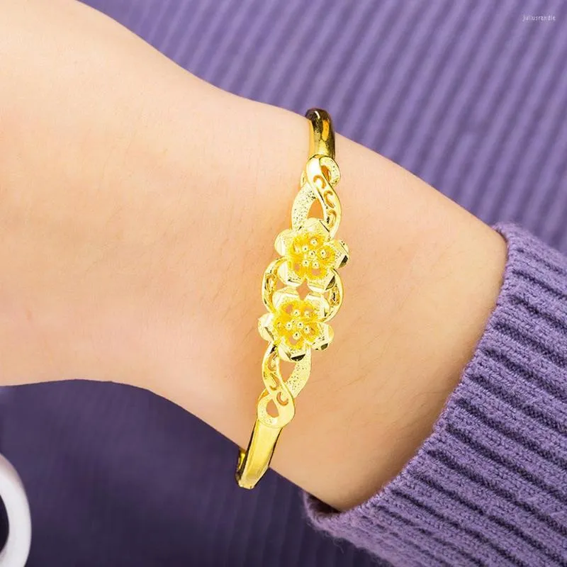 Länkarmband dubai 24k guldfärg metall oval charm för kvinnor armband lyxiga smycken 2023 mode lycklig blomma form mor gåva