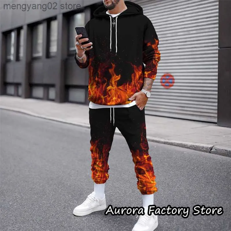 T230714 Mens Tracksuit Colorful Flame Pattern Hoodie Set Long