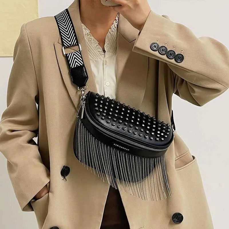 Women's Fashion Designer Wide Strap Tassel Rivet Chest Crossbody Bag