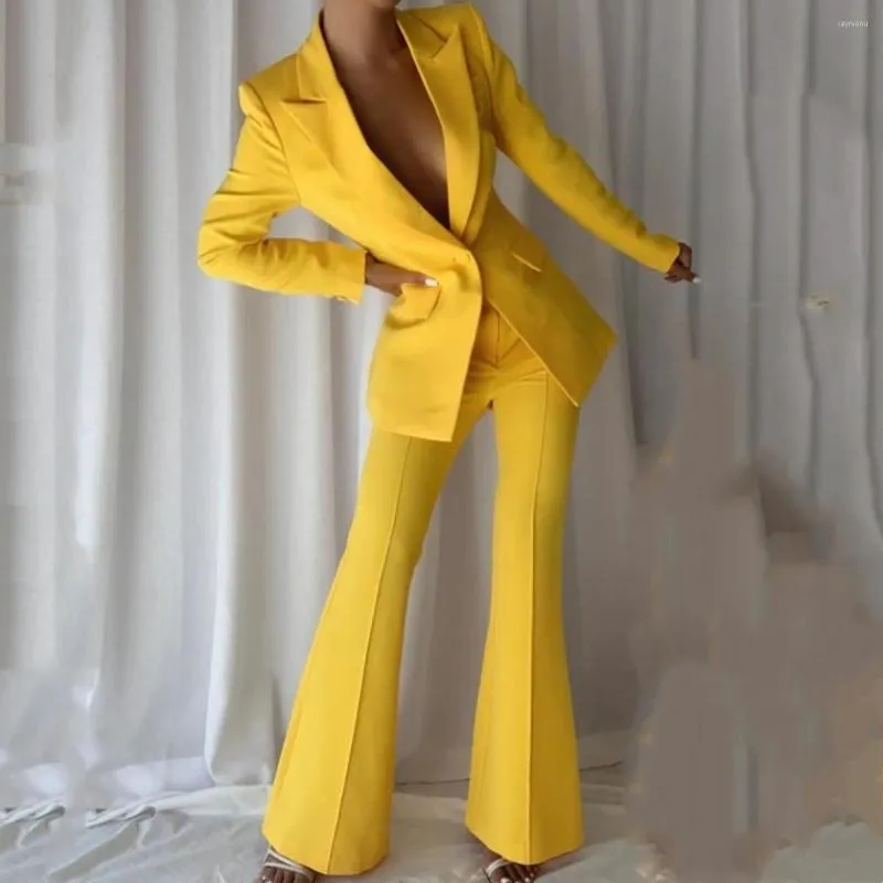 Pantalon à deux pièces pour femmes Ensemble de costumes à ajustement slim jaune 2 veste de blazer assortie pour la robe de bal de fête plus taille de smoking formel