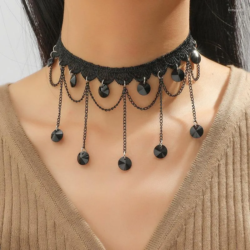 Girocollo Gotico Nero Rotondo Pendenti Di Cristallo Vinatge Collana Corta Per Le Donne Fascino Collo In Pizzo Decorazione Accessori Abito Da Banchetto