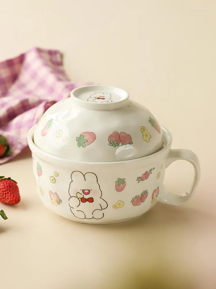 Bowls Strawberry Bowl Instant Noodle Ceramic Cute With Lid Household Eating Rice One Dual-use