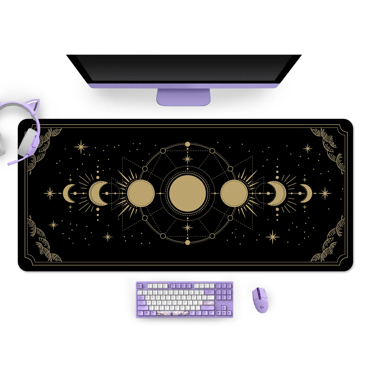 Tappetino per mouse da gioco extra large Kawaii Purple Moon Phase Magic Celestia XXL Tappetino da scrivania Accessori da scrivania per laptop antiscivolo a prova di acqua